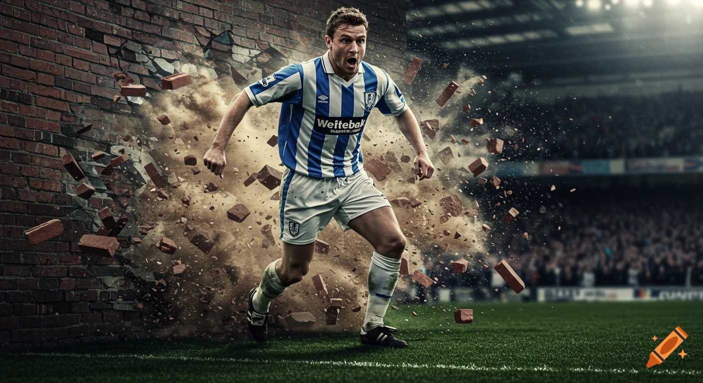 A soccer player in a blue and white striped jersey crashes through a brick wall in an arena, with debris flying.