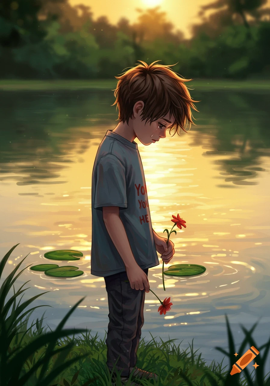 A sad boy with brown hair stands crying by a lake at sunset, holding two red flowers in an emotional illustration.
