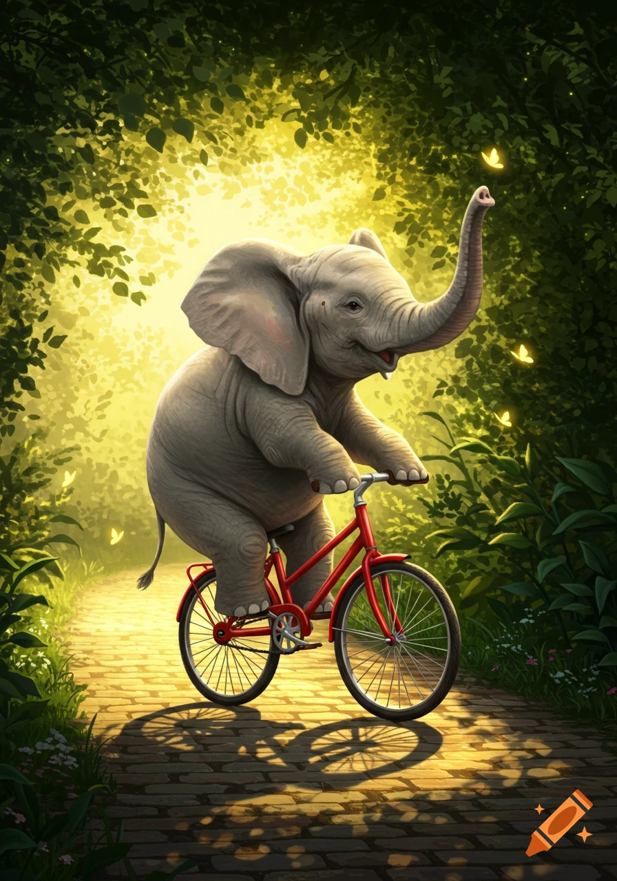 A happy, cartoonish elephant rides a red bicycle down a sunlit forest path with butterflies, whimsical illustration.