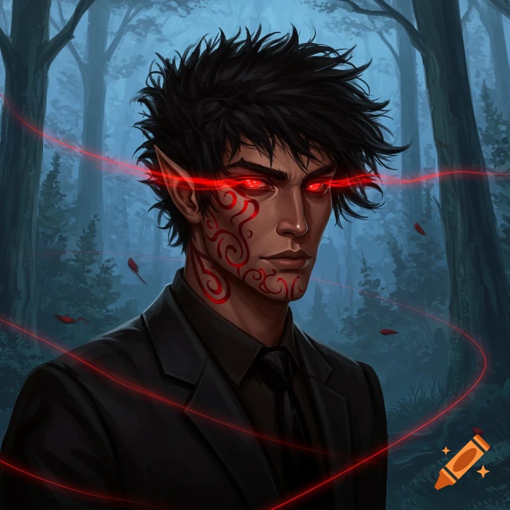 A digital illustration of a male elf with black tousled hair, glowing red eyes, tan skin, and red swirling tattoos, wearing a black suit in a dark forest.