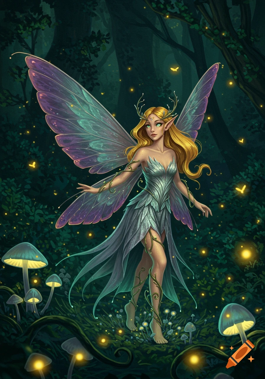 Fantasy illustration of a fairy with large purple-green wings and a leaf dress in a dark, glowing forest with mushrooms and fireflies.