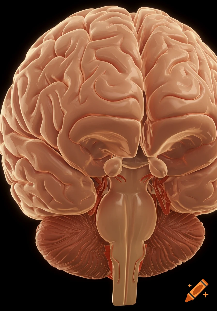 Detailed 3D rendering of a human brain, viewed from below, showing the cerebral hemispheres, cerebellum, and brainstem.