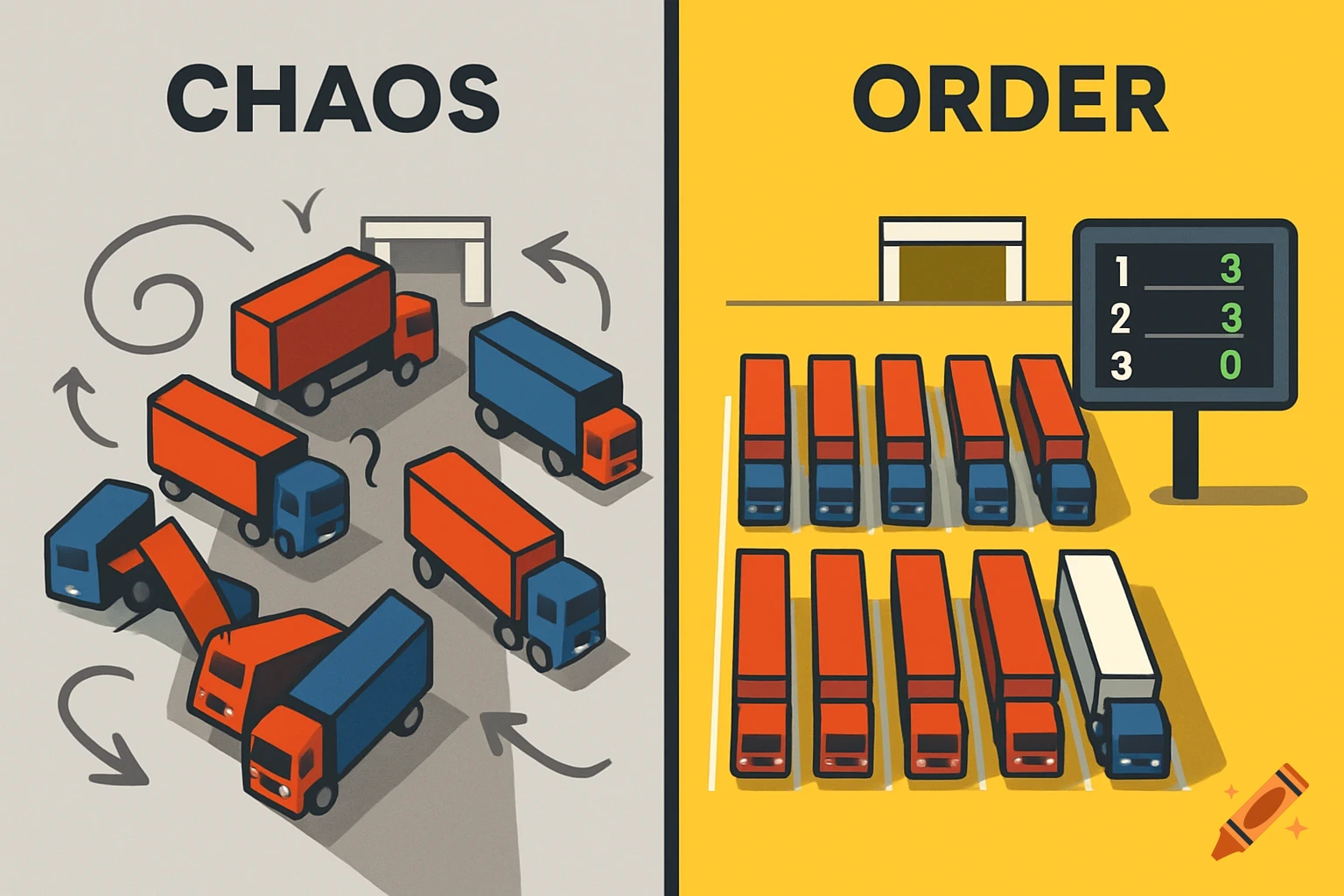 Infographic comparing chaos and order in a truck yard; left shows disorganized trucks, right shows neatly parked trucks with a display board.
