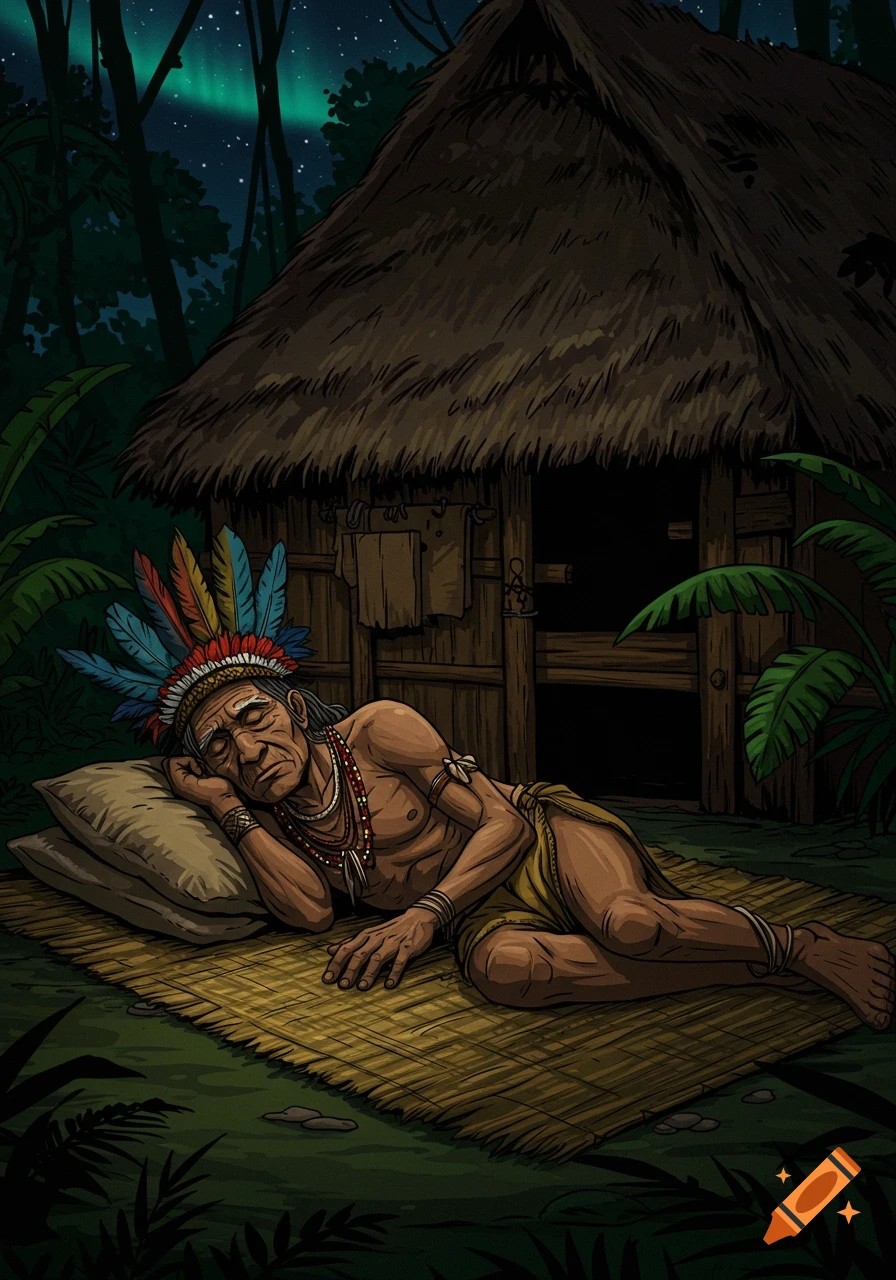 An elderly Yanomami Shaman with a feather headdress sleeps on a mat outside a hut in a comic art style jungle night scene.