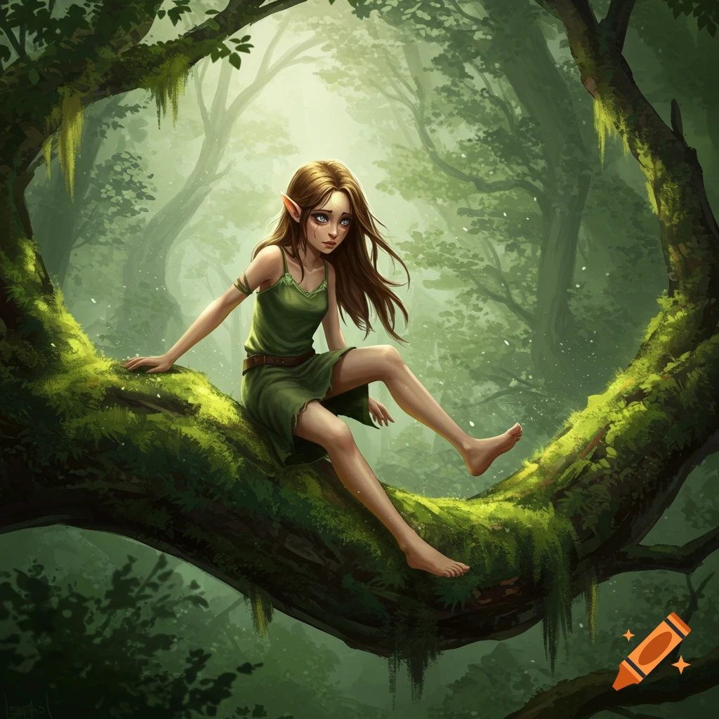 A young elven girl with brown hair and silver eyes sits on a mossy branch in a magical forest.
