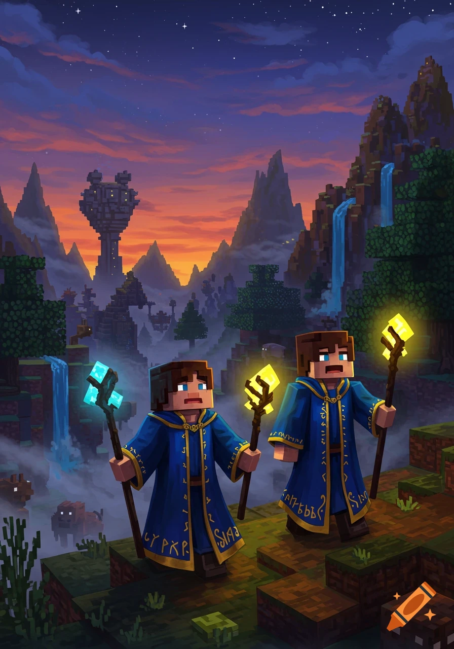 Two Minecraft wizards in blue robes with glowing staffs stand on a blocky landscape at sunset.