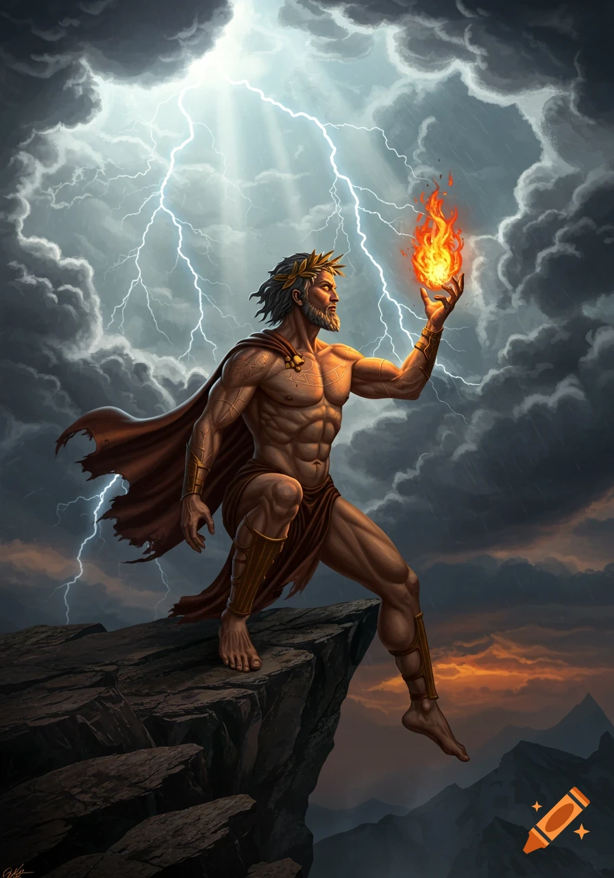 Muscular man with a beard and laurel wreath stands on a cliff, holding fire with a lightning storm in the background, digital painting.