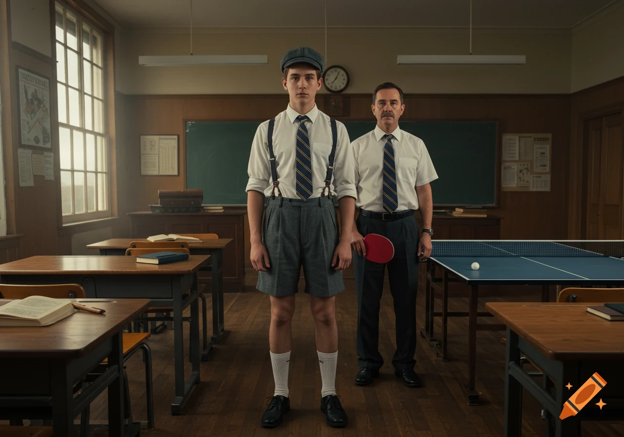 A photorealistic image of a young man dressed as a schoolboy standing in a classroom with a teacher holding a table tennis bat.