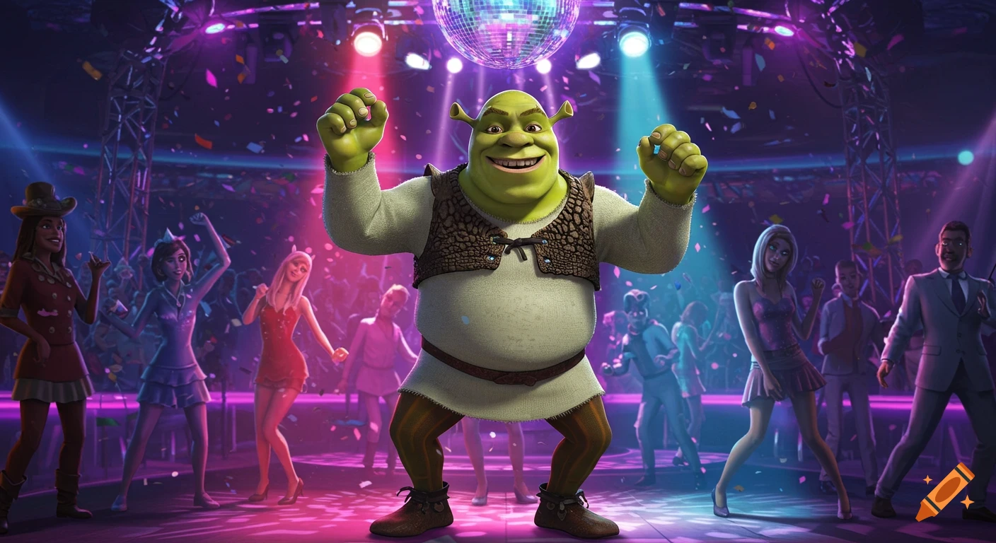 Shrek energetically dances at a neon-lit nightclub, surrounded by other stylized partygoers and falling confetti.
