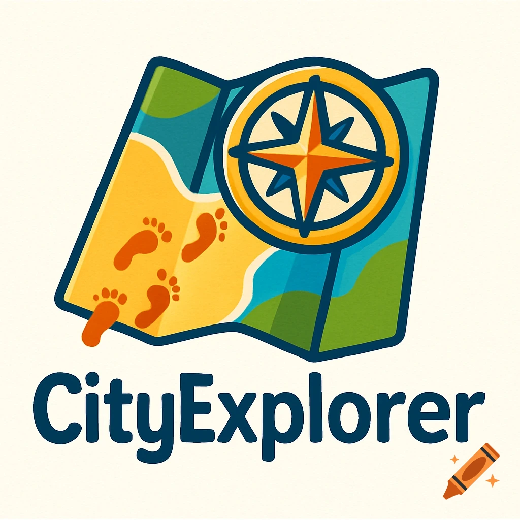 A colorful cartoon logo for CityExplorer, featuring a folded map with footprints and a compass rose, on a light background.