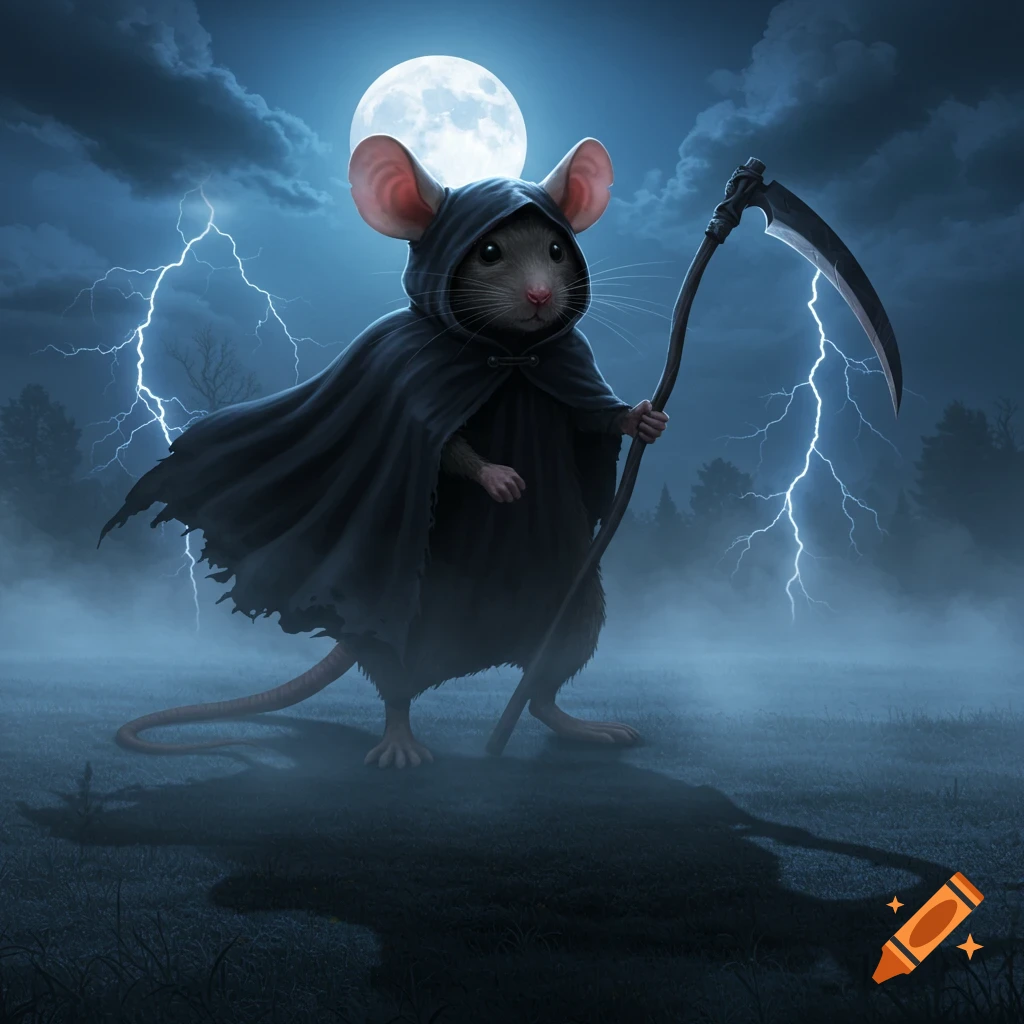 A small mouse dressed in a black hooded cape holds a scythe in a misty field with lightning and a full moon.