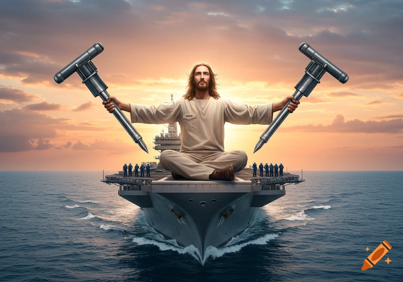 Jesus in a robe sits in lotus pose on an aircraft carrier, holding two large jackhammers, at sunset.