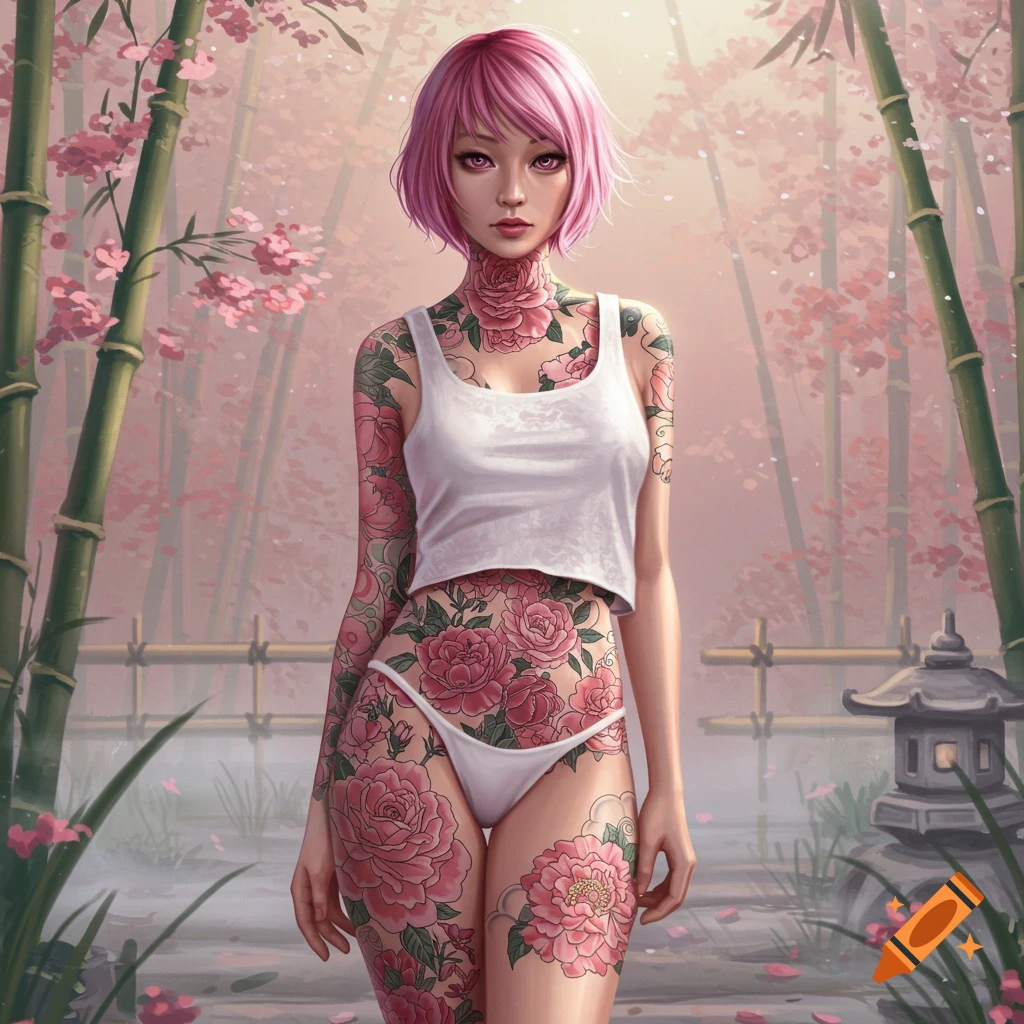 An artistic illustration of a pink-haired woman with rose tattoos in a Japanese bamboo garden with cherry blossoms.