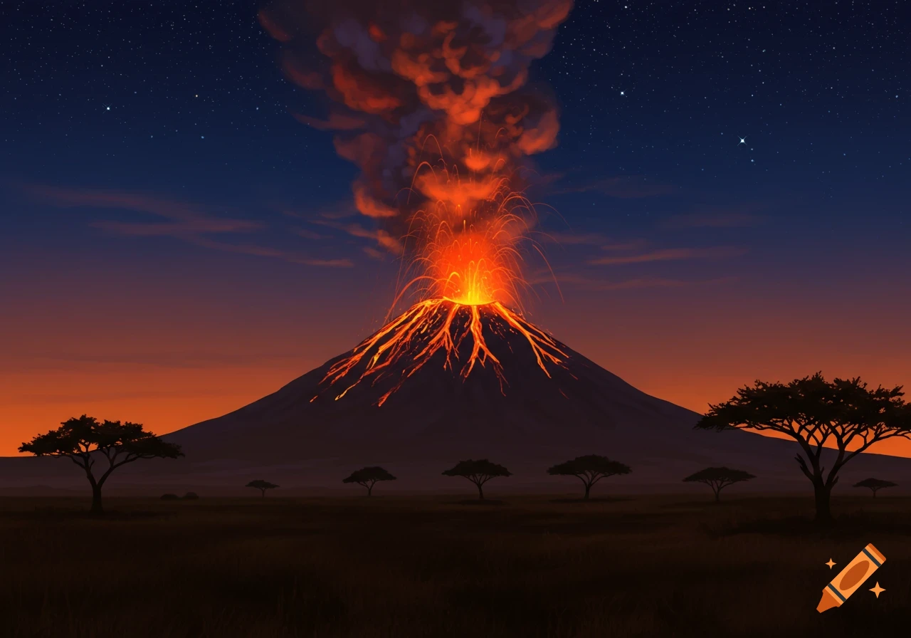 Erupting volcano with glowing lava at sunset in an African savanna, with silhouetted acacia trees under a starry sky. Digital art.