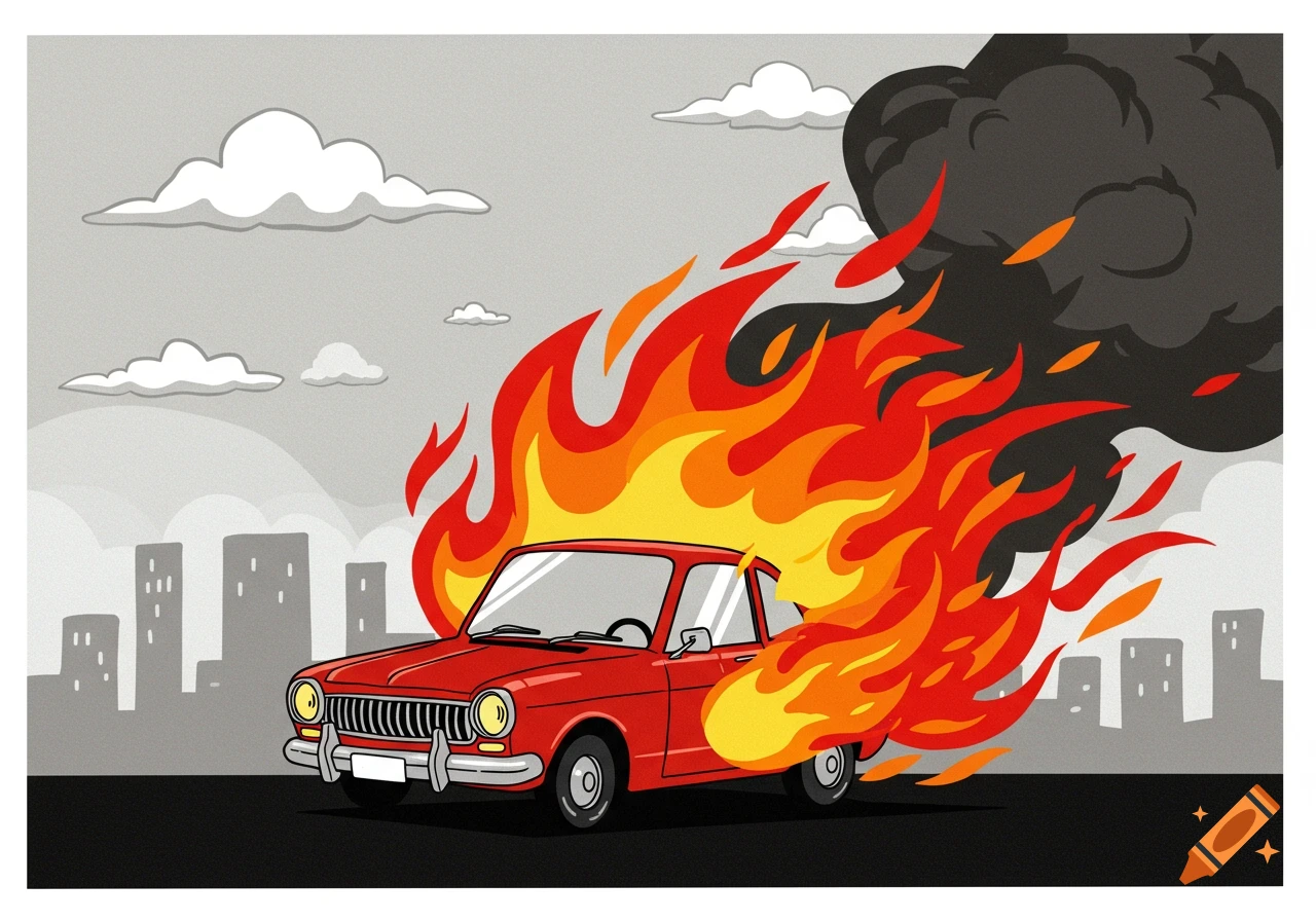 A red cartoon car engulfed in flames and black smoke on a road, with a grey city skyline and clouds in the background.