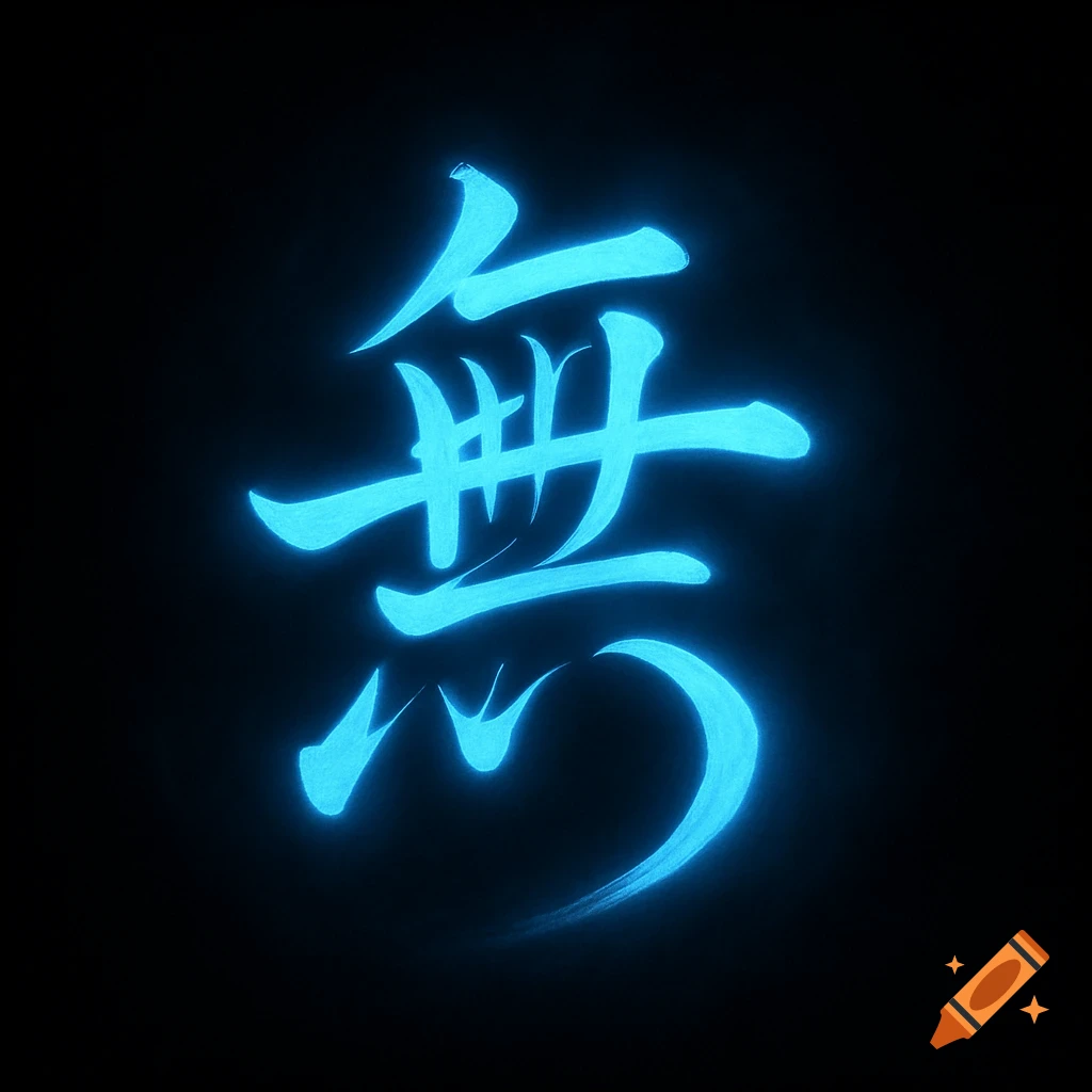 Japanese kanji for 'mu' (nothingness) in glowing electric blue on a black background.