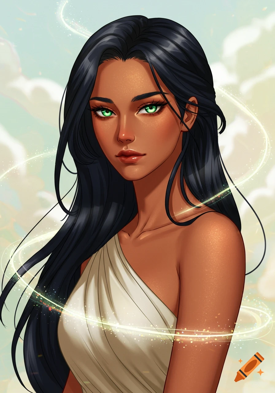 A manwha-style portrait of a woman with dark hair, tan skin, and vibrant green eyes, wearing a white toga.