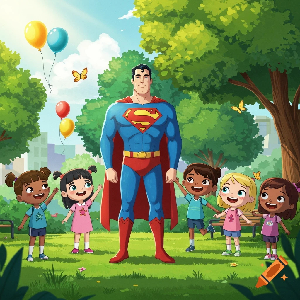 Cartoon Superman stands with five diverse children in a sunny park with trees and balloons.