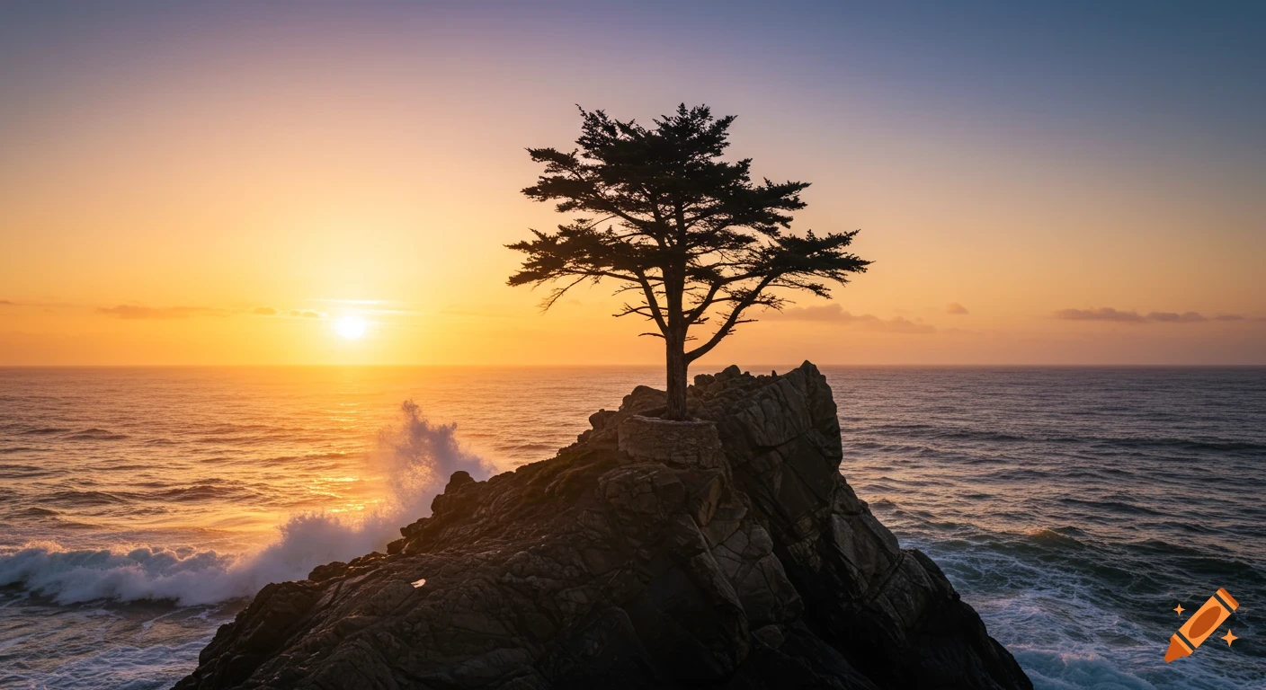 A lone pine tree silhouetted on a rugged seastack at sunset, with ocean waves crashing below, in a cinematic style.