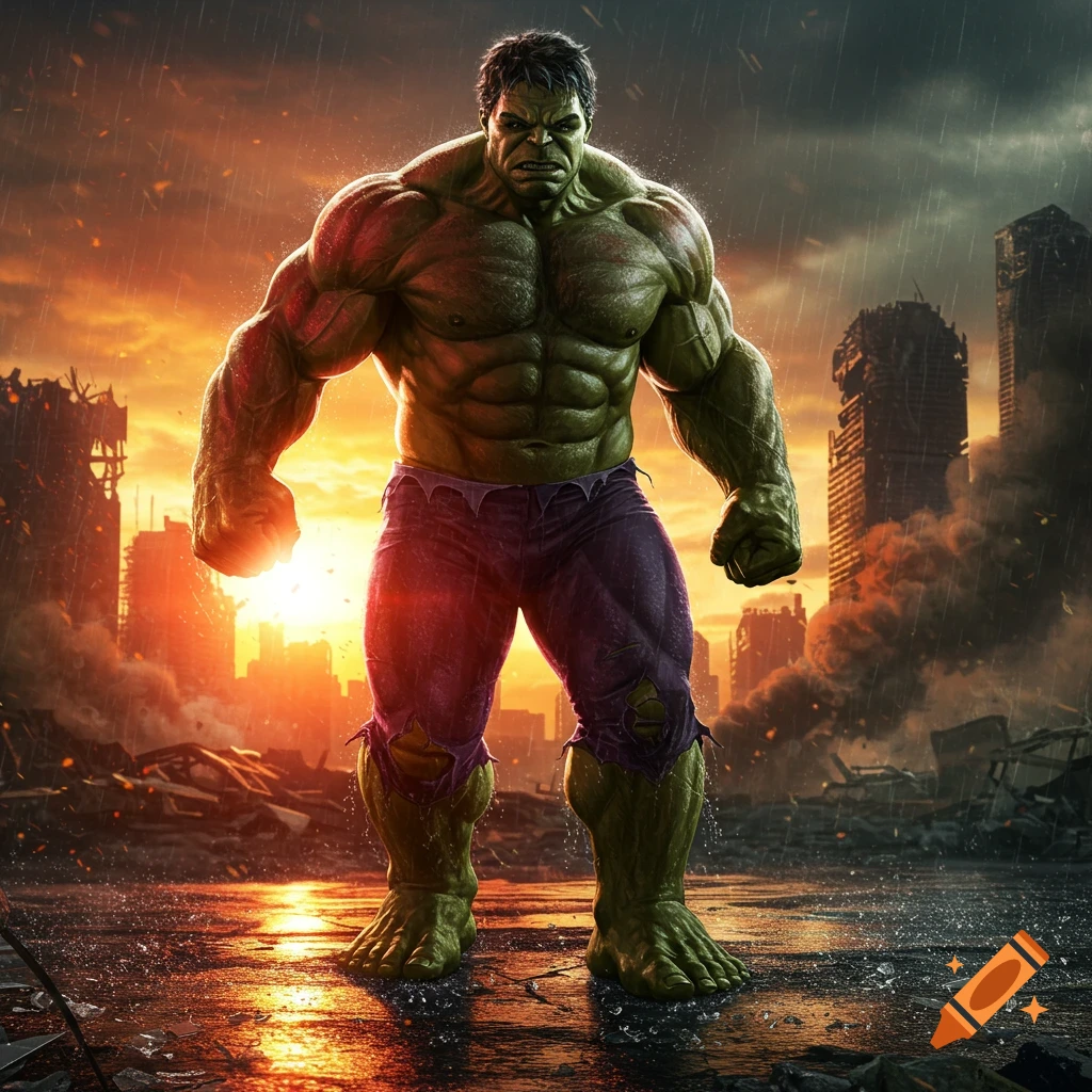 Green muscular Hulk stands in a destroyed city under a stormy orange sky, looking intense. Photorealistic style.