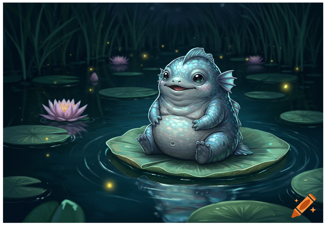 A cute, chubby, blue-green fish-like creature sits on a lily pad in a dark pond with pink water lilies and glowing specks.
