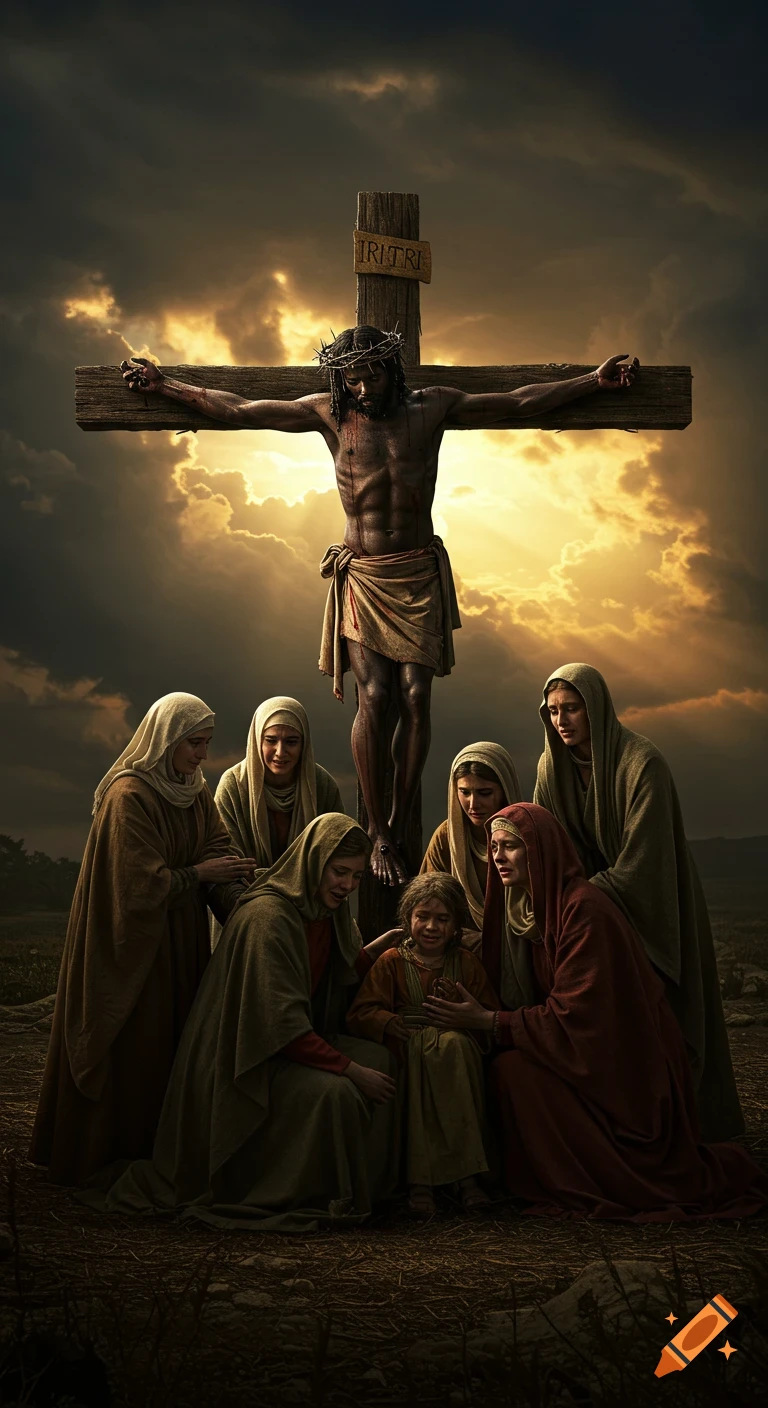 Photorealistic painting of a Black Jesus on the cross, with Mary and other grieving women and a child weeping at the foot of the cross under a dramatic, stormy sky with golden rays.