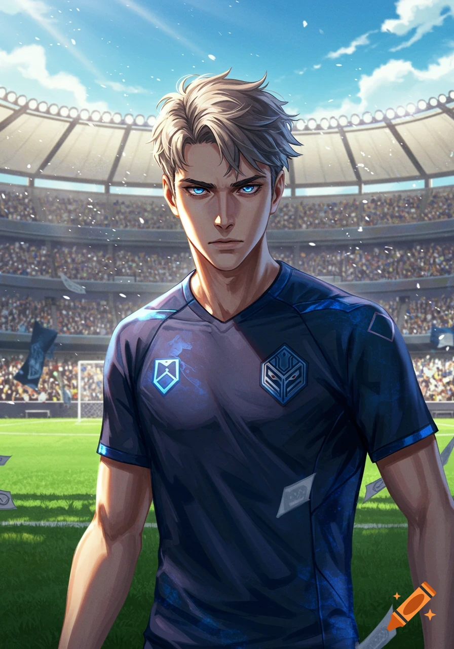 An anime-style male soccer player in a dark blue jersey with geometric logos stands on a stadium field.