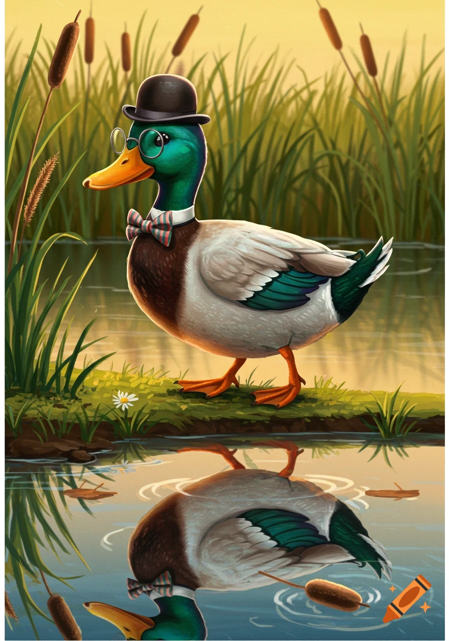 A stylish, cartoonish mallard duck wearing a bowler hat and bow tie stands by a pond with reeds, reflecting in the water.