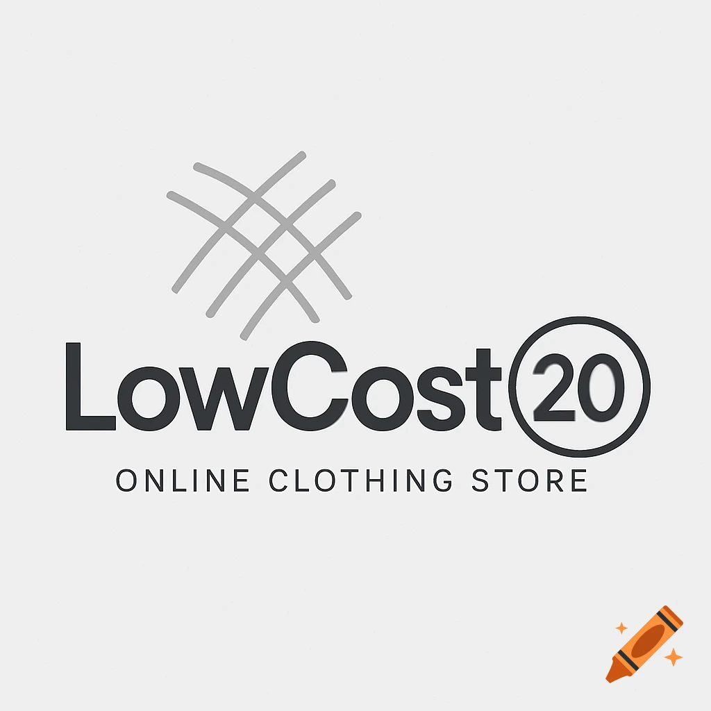 Logo for LowCost20 Online Clothing Store featuring dark gray text and a light gray abstract pattern.