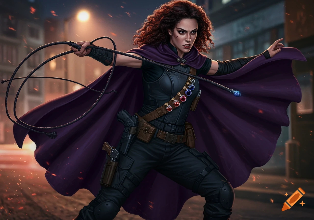 A tactical witch with dark red curly hair, wearing a dark purple cape and black armor, holds a whip in an action pose in a city street at dusk.