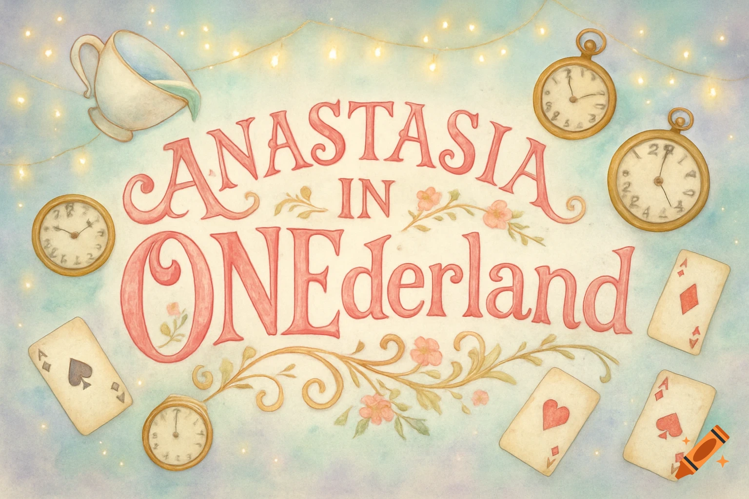 Watercolor banner with 'ANASTASIA IN ONEderland' text, teacup, pocket watches, and playing cards against a light blue background.