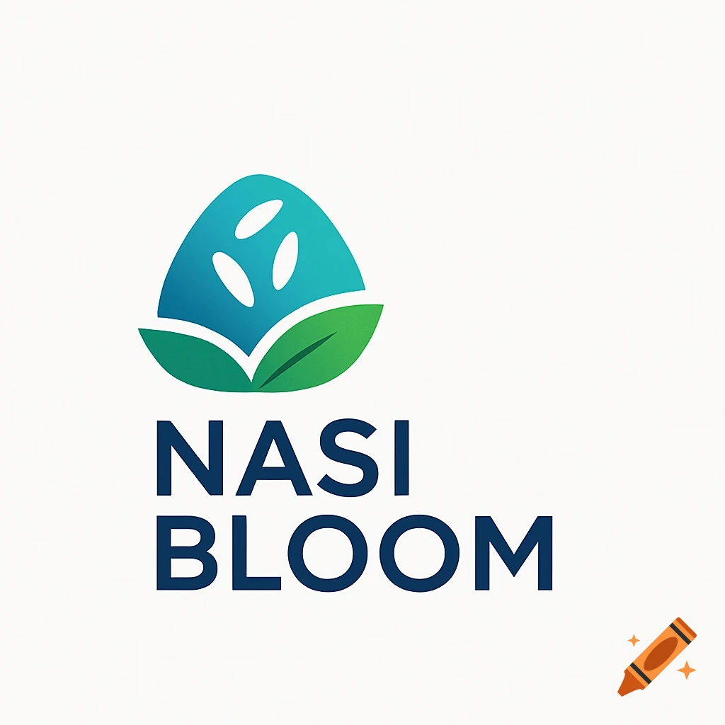 Minimalist Nasi Bloom logo featuring a blue-green abstract rice grain with green leaves and dark blue text on a white background.