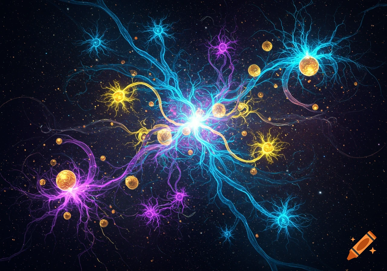 Abstract vibrant glowing neuron-like structures in blue, yellow, and purple against a starry, dark cosmic background.