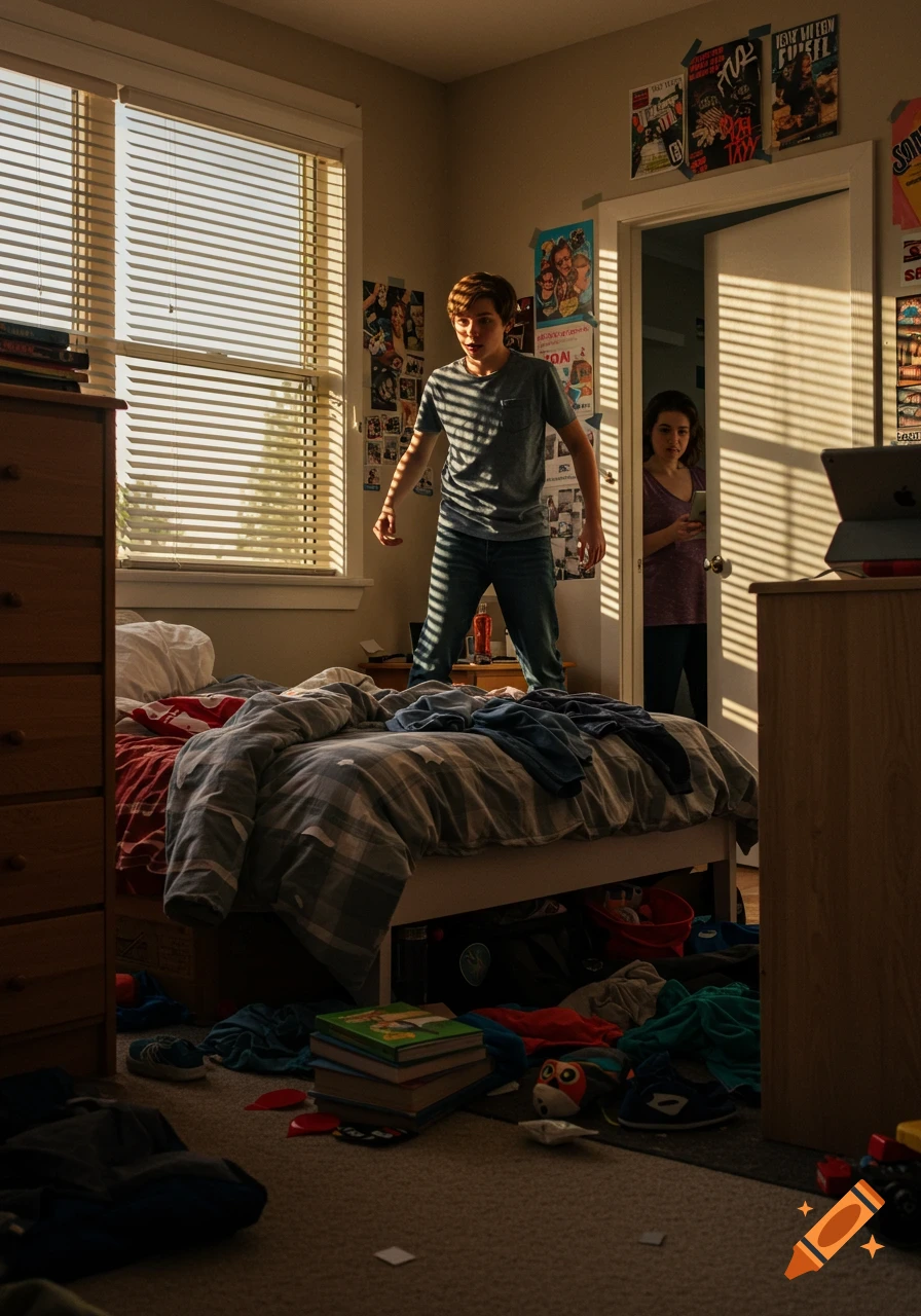 A boy stands on a messy bed in a sunlit room, looking forward intently, while a girl subtly watches him from the doorway, holding a phone.