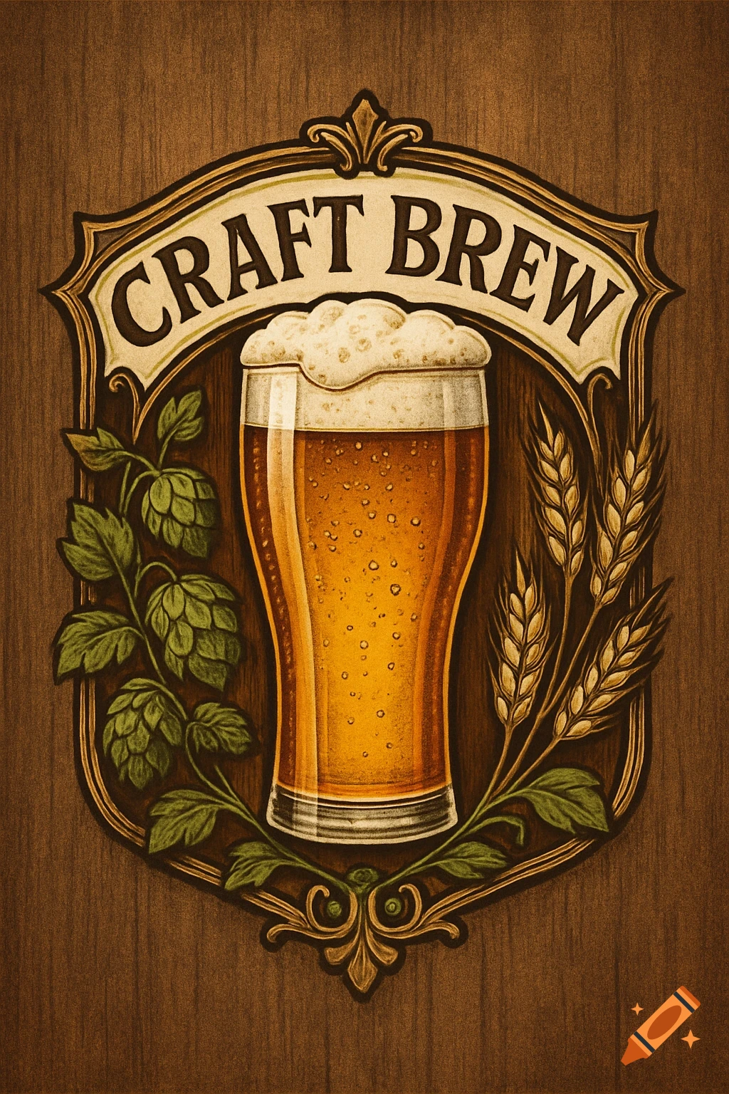Vintage-style craft beer logo with a frothy glass of beer, hops, and wheat, on a wooden background, text reads "CRAFT BREW"