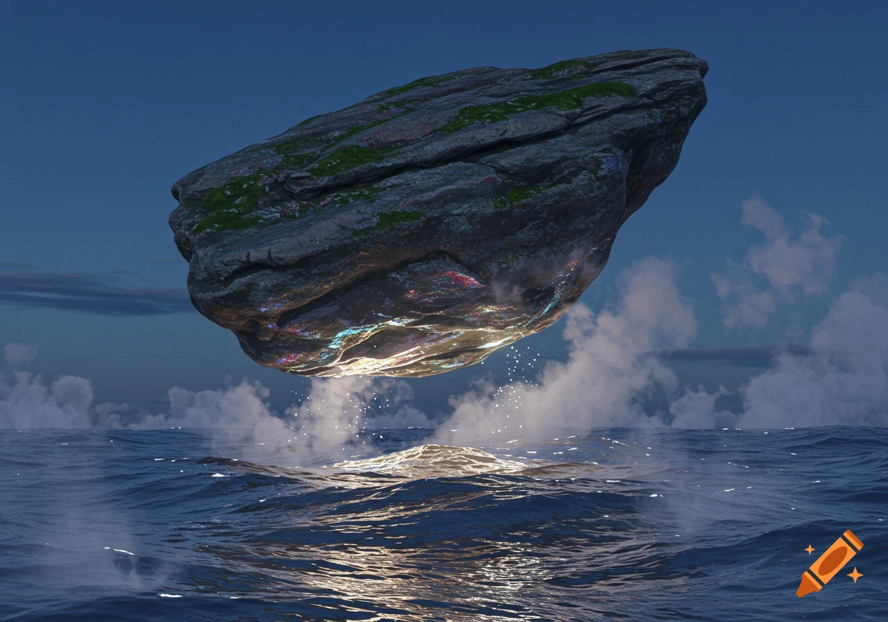 A large, moss-covered rock floats above a reflective, dark ocean under a twilight sky, with light emanating from its underside.