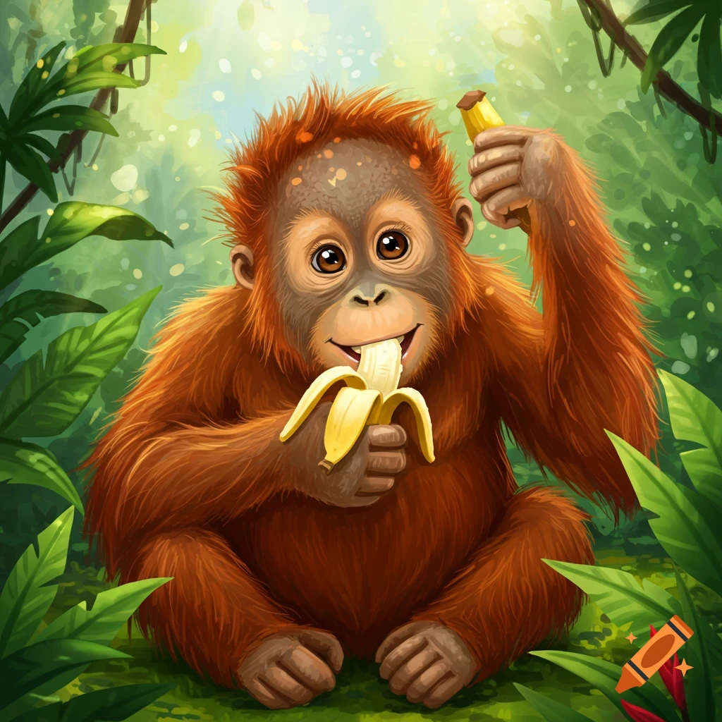 A cute, fluffy orangutan sits in a lush jungle, happily eating a peeled banana in a digital illustration.