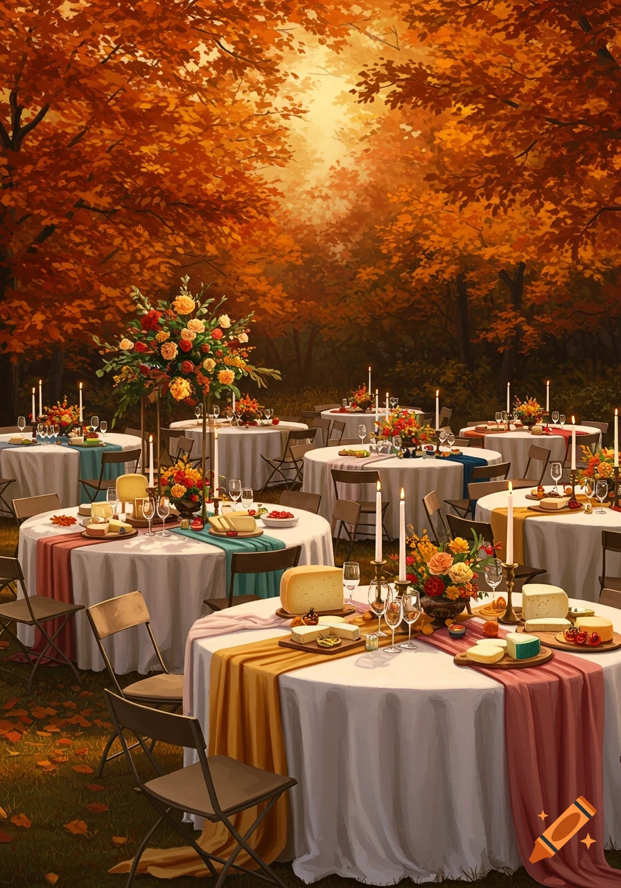 Outdoor autumn wedding reception with white tables, colorful runners, floral centerpieces, candles, and cheese under vibrant orange trees.