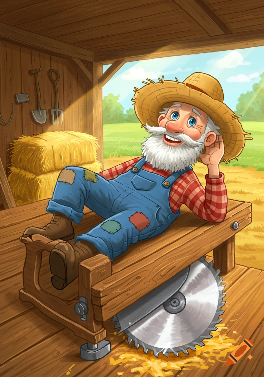 Cheery cartoon farmer with a white beard and straw hat lying on a wooden table saw in a barn.