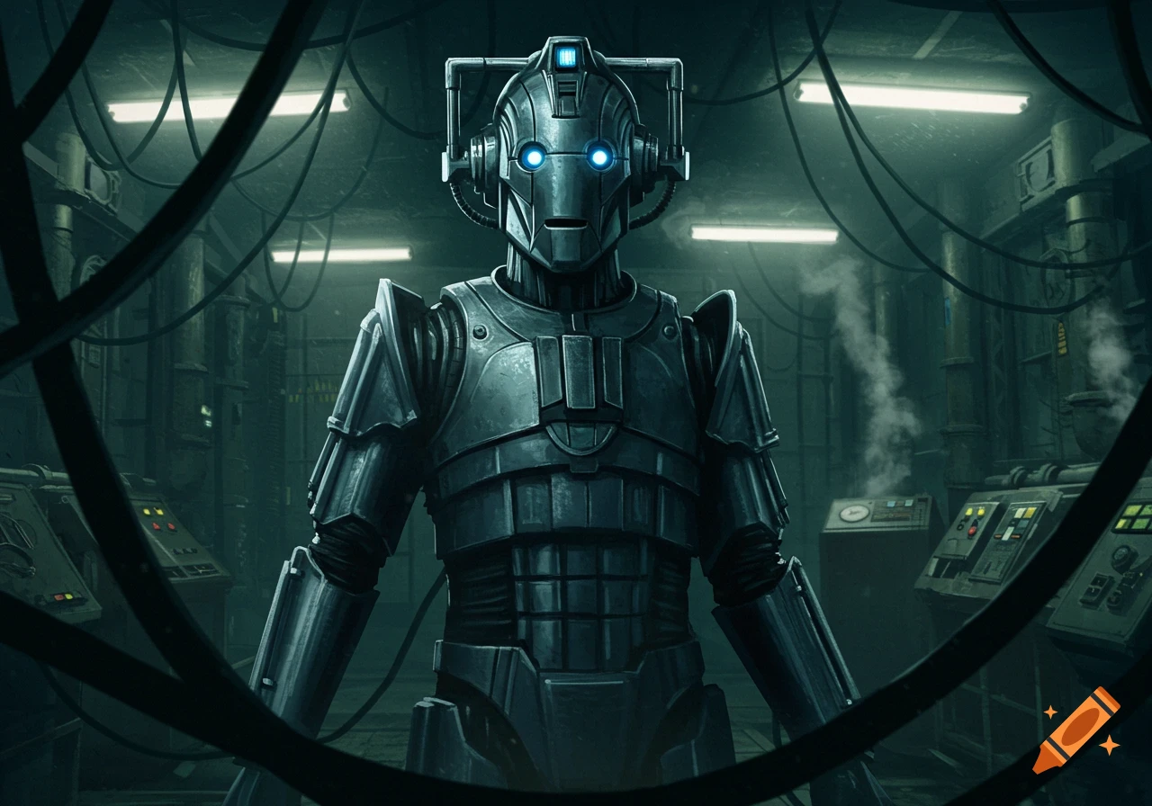 A metallic Cyberman with glowing blue eyes stands amidst wires and pipes in a dark, industrial setting.