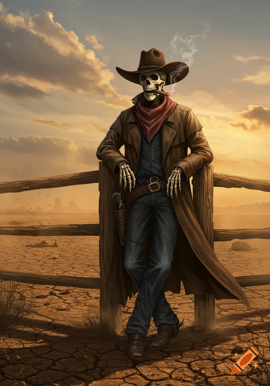 A skeleton cowboy in a duster coat and hat leans on a fence, smoking a cigar, in a vast, cracked desert at sunset.
