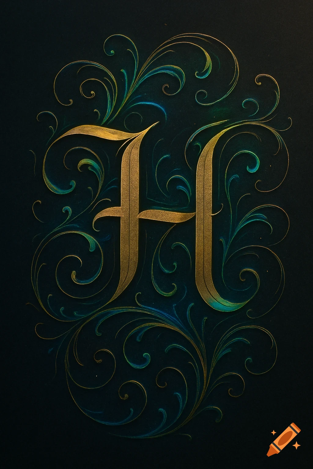 Ornate golden calligraphic letter H surrounded by green and blue swirling scrollwork on a dark background.