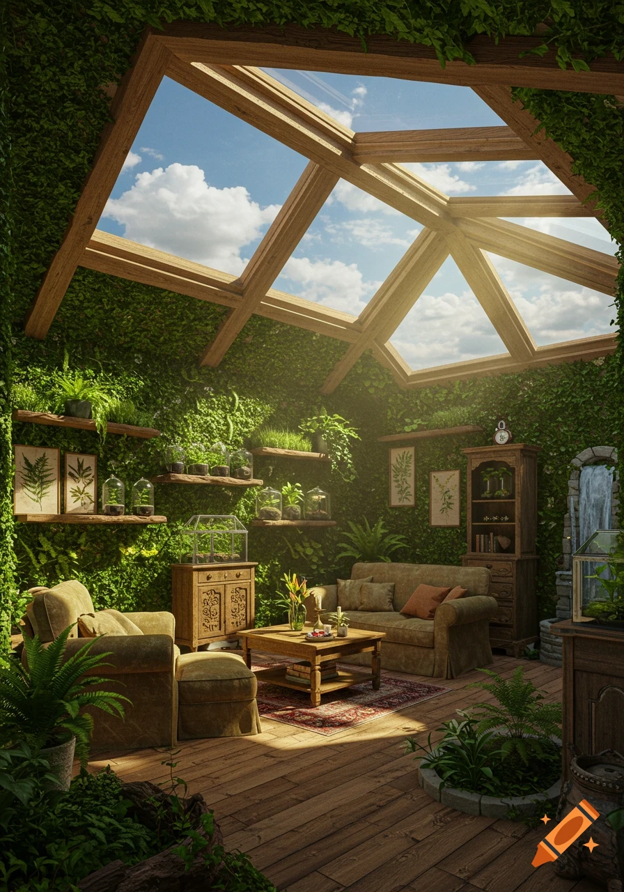 A cozy, sunlit forestcore room with lush green ivy-covered walls, a large skylight, and wooden furniture adorned with plants.
