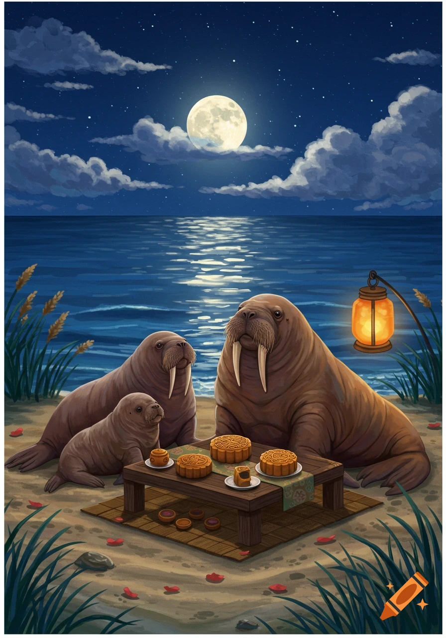 Illustration of a walrus family eating mooncakes on a beach under a full moon at night.