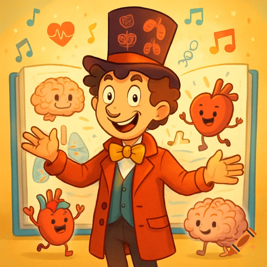 A smiling cartoon man in a top hat, surrounded by anthropomorphic brains and hearts, stands before an open book for kids about the human body.