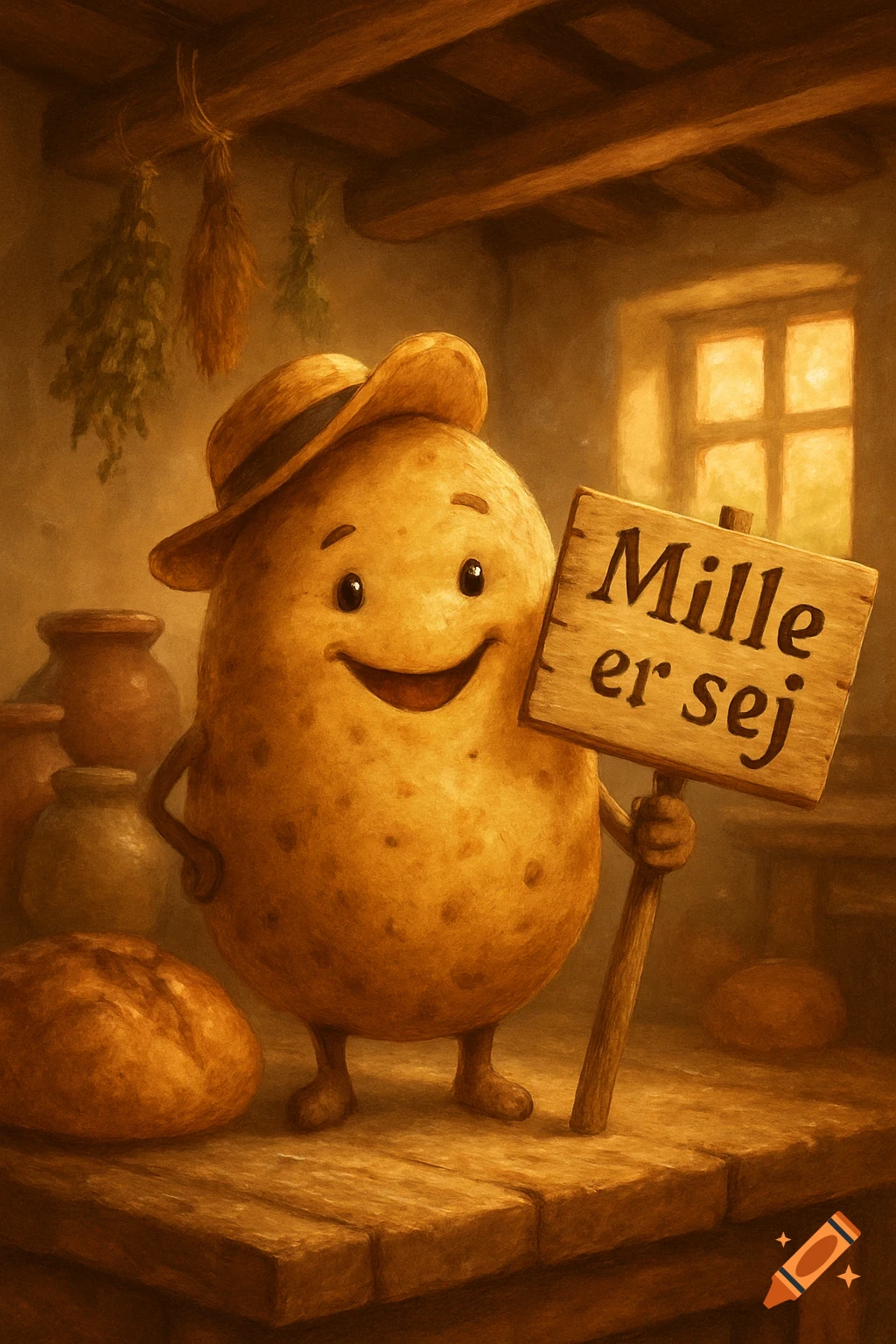 Whimsical illustration of a happy potato in a hat, holding a sign that says 'Mille er sej' in a rustic kitchen.