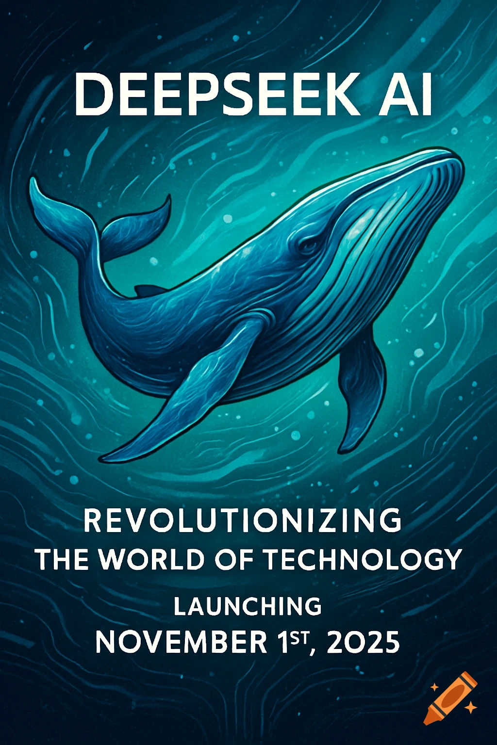 Stylized illustration of a blue whale swimming in dark water, with text 'DEEPSEEK AI' and 'LAUNCHING NOVEMBER 1ST, 2025'.