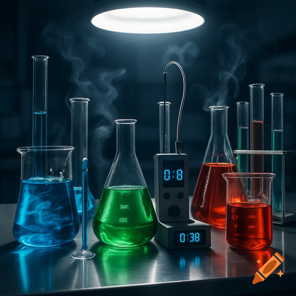 A moody shot of a science lab with beakers, flasks, and test tubes filled with glowing blue, green, and red liquids, under a bright overhead light.