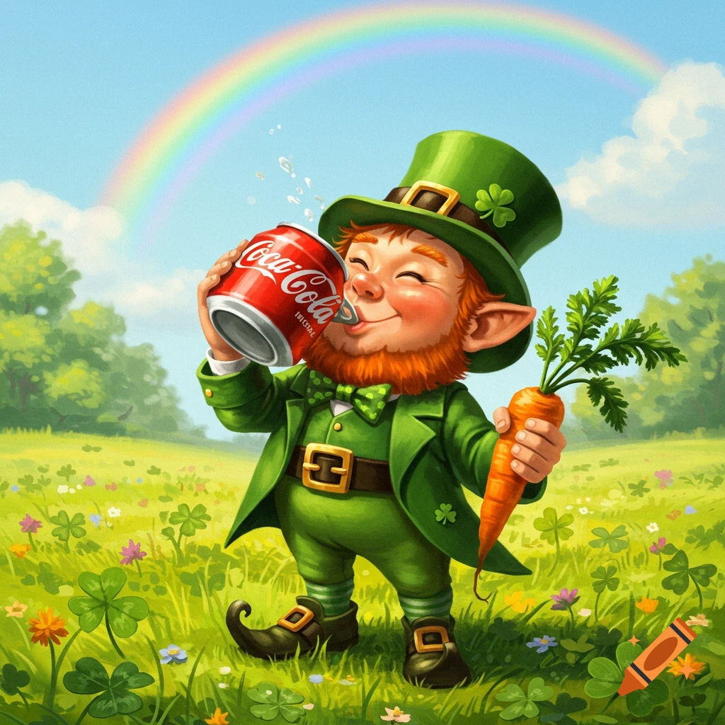 Cartoon leprechaun in a green suit drinking from a Coca-Cola can, holding a carrot in a vibrant green field under a rainbow.