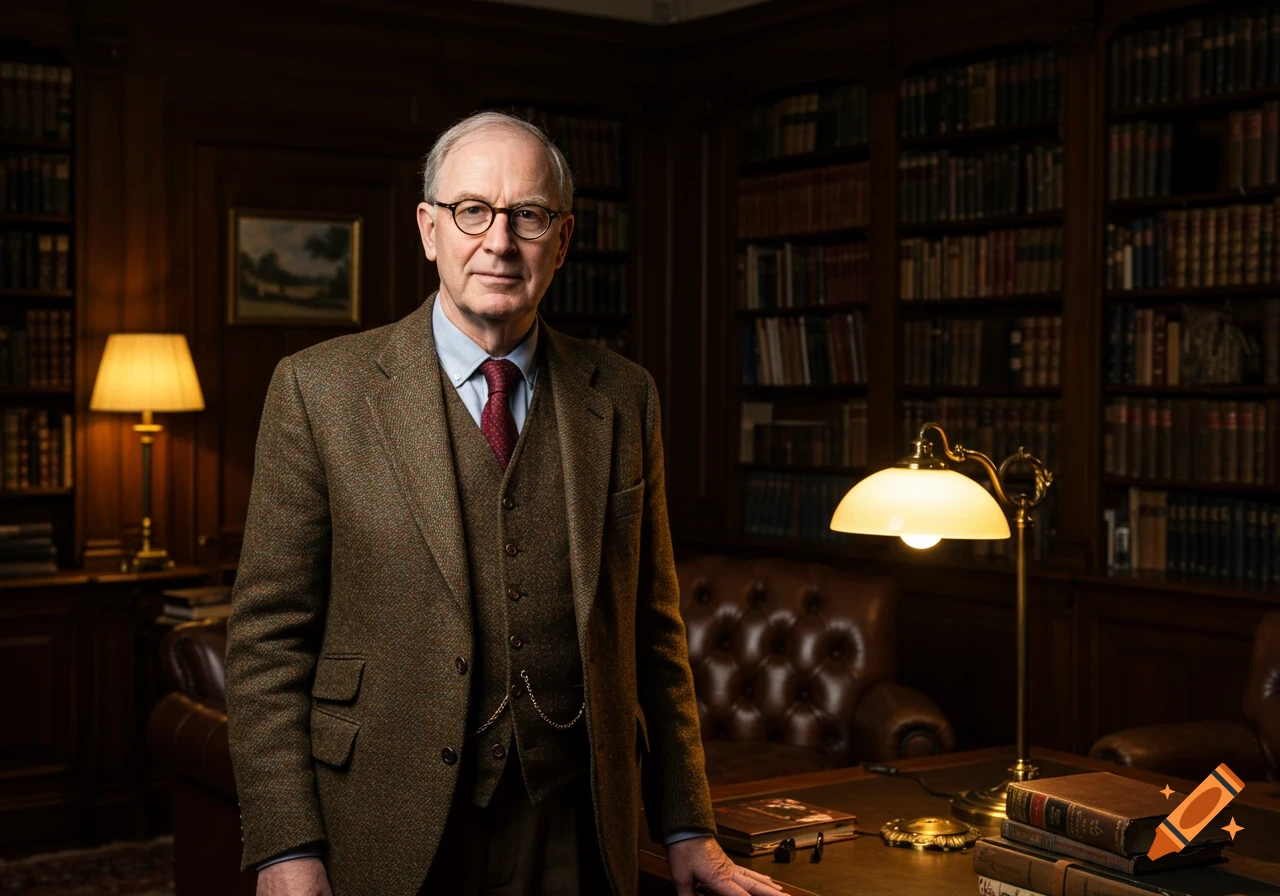 A photorealistic portrait of an older man in a tweed suit and glasses standing in a wood-paneled library.